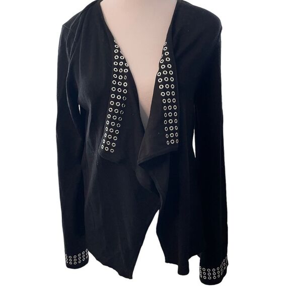 BLACK OPEN DRAPED SWEATER WITH SILVER GROMMET DESIGN, Med - Picture 1 of 5